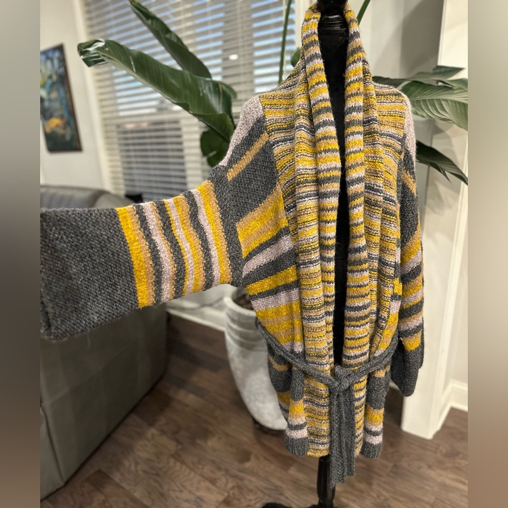 BELTED Chunky Knit Long Cardigan Striped ALPACA WOOL Elizabeth & James size M/L